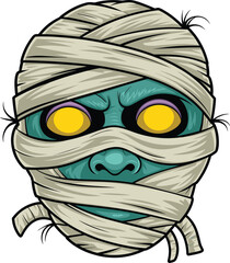 Cartoon mummy head illustration, glowing eyes, horror character design, Halloween monster, wrapped bandages, spooky undead face, vector art, stock image