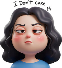 Cute 3D Cartoon Girl with Indifferent Expression, Wavy Hair, and 'I Don't Care' Text