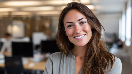 Obraz premium Friendly young businesswoman standing in bright modern office interior
