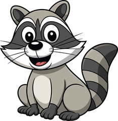 Cartoon raccoon sitting, cute animal character, vector illustration for kids, smiling forest creature, isolated mascot design, playful wildlife art, stock image
