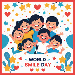 Happy World Smile Day flat vector design featuring smiling faces, emojis, diverse characters, animals, friends, cheerful family, global unity, positive emotions, solid color minimal cartoon art style