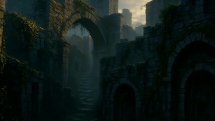 Ancient Stone Ruins Archway Stairs Ivy Walls Twilight Castle Scene - Powered by Adobe