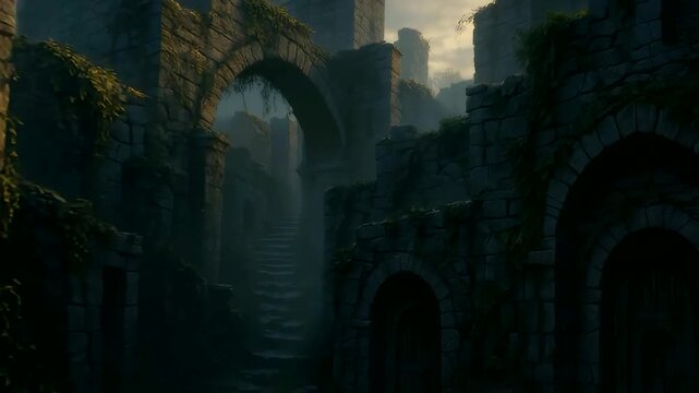 Ancient Stone Ruins Archway Stairs Ivy Walls Twilight Castle Scene