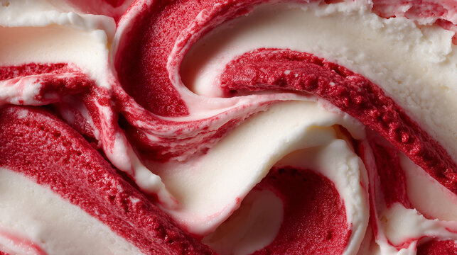 Creamy raspberry ripple ice cream texture with red and white swirls