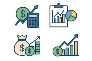 Financial performance icon set. Business productivity, statistic report with charts. Return on investment, mutual fund, and income growth. Budget planning and management.