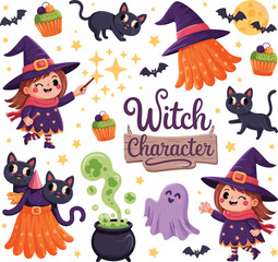 Cartoon witch character, Halloween vector, black cats, spooky ghost, cauldron, cupcakes, stars, moon, magical costume, playful design, festive illustration