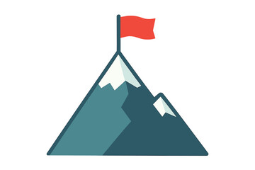 Mountain with flag on peak. Success concept. Reaching the top. Goal achievement. Business mission accomplished. Victory and leadership. Overcoming difficulties vector icon.