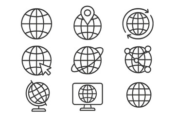 Globe icon set. Thin line vector icons for web design and app development. Global business, internet, communication, and technology concepts. World, network, and location symbol.