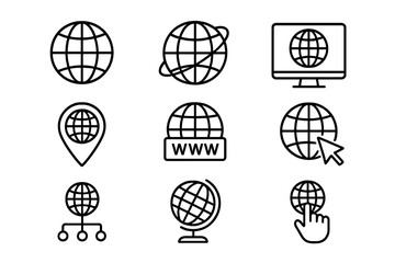 Globe and internet outline icon set. Thin line vector icons for web design and app development. Concepts of global network, www, communication, connection, and location.