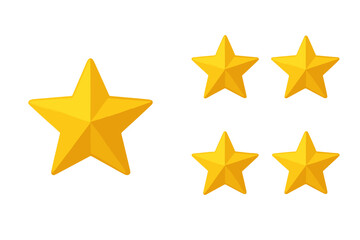 Five gold stars rating icon set. Golden 3d star symbol for review, feedback, quality, and success. Award winner achievement concept. Best choice vector illustration isolated.