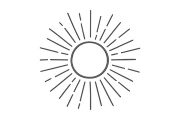 Hand drawn sunburst vector doodle. Vintage retro sunshine sketch. Sunbeam light ray burst element. Starburst shine icon for logo design. Abstract circle frame explosion symbol.