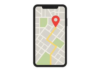 Gps navigation mobile application. Smartphone with map, route and destination pin. Location tracking app interface. City street finder and direction concept. Vector illustration.