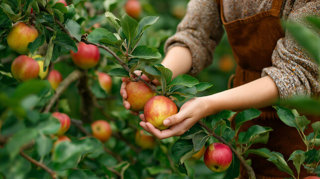 woman hold 2 apples at the tree