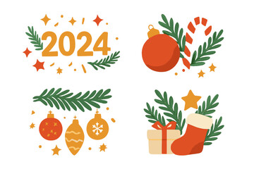 Christmas 2024 and New Year vector elements set. Holiday graphic design collection with stocking, gift, bauble, candy cane, star and fir branch. Xmas winter icons.