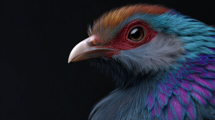 Obraz premium Photorealistic fantasy bird portrait with vivid multicolor feathers