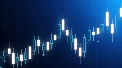 Candlestick chart showing financial market trend on blue background - Powered by Adobe