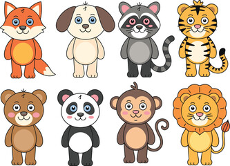 Cute cartoon animals, fox, dog, raccoon, tiger, bear, panda, monkey, lion, standing, vector, kids, mascot, character, illustration