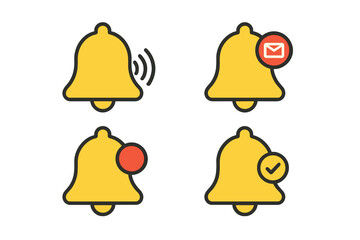 Notification bell vector icon set. Web and mobile app alert symbols. Ringing bell, new inbox message, subscription reminder, and checkmark. Flat design graphic element.