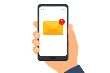 New email notification on mobile phone screen. Hand holding smartphone with unread message alert from mail app. Business communication concept. Vector inbox illustration.