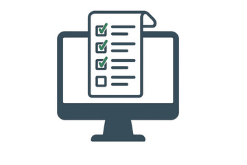 Fototapeta premium Online form survey on a computer monitor. Digital questionnaire, long quiz or exam paper sheet icon. Internet test with checklist for customer feedback or poll results. Vector.