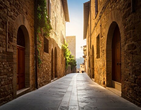 Sunlight-drenched alleyway in an old Italian town