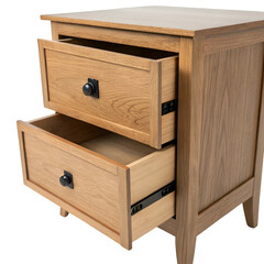 close up of a wooden nightstand with two drawers