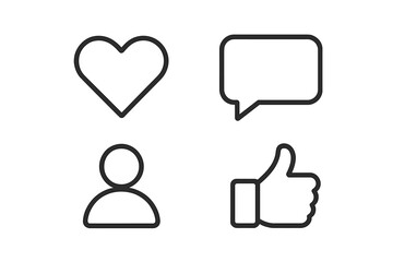 Obraz premium Social network icons set including like heart, speech bubble, user profile, and thumbs up symbols for app, web, marketing, promotion, SMM, business, and internet vector illustration
