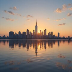 Fototapeta premium City skyline at sunrise, reflected in water