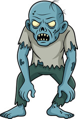 Zombie cartoon illustration, blue skin, glowing eyes, scary undead character, Halloween vector, horror monster, creepy pose, stock design, artwork