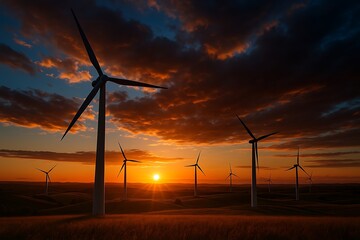 Fototapeta premium Wind Turbines at Sunset with Dramatic Clouds and Golden Light forest