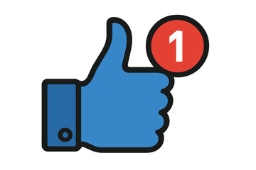 Obraz premium Thumbs up like icon with new notification badge, social media engagement symbol, digital appreciation vector illustration, transparent background, online network interaction