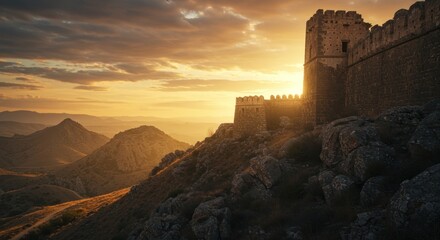Ancient stone fortress atop rocky hillside at sunset mountains in the distance