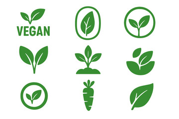Vegan logos collection set, organic bio leaf icons, raw healthy food badges, green eco stickers, plant-based vegan signs, natural product labels for cafe, restaurants, packaging vector