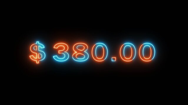 Neon counting dollar number illustration. Glowing 380 dollar sign on black background.