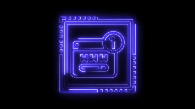 Neon website notification icon animation glowing purple light effect on black background