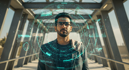 Technologist Standing in Holographic Data Tunnel at Outdoor Futuristic Tech Pavilion