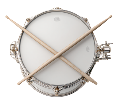 Drum Set Snare with Crossed Drumsticks, Angled Overhead View, isolated on transparent background