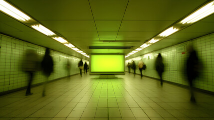 Obraz premium Commuters rushing past blank advertisement screen in subway tunnel