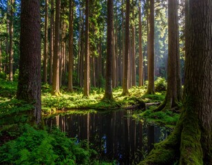 Obraz premium Sunlit forest floor with reflections