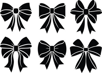 Collection of six decorative bow silhouettes isolated on white background