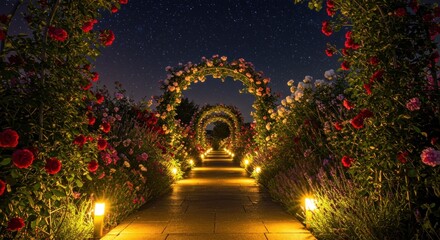 Illuminated stone path under flower arches leading to a starry night sky