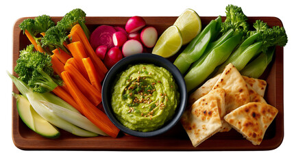 Fresh vegetable platter with guacamole and pita bread on wooden tray  