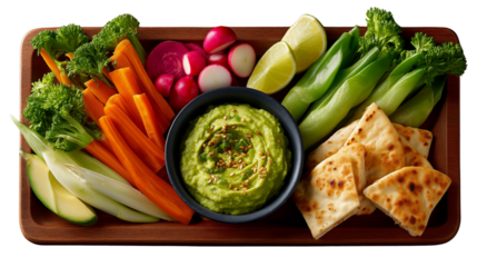 Fresh vegetable platter with guacamole and pita bread on wooden tray  