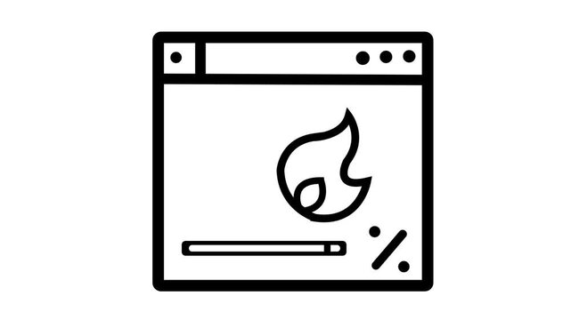 Black and white icon of a browser window with a flame and progress bar symbol interface