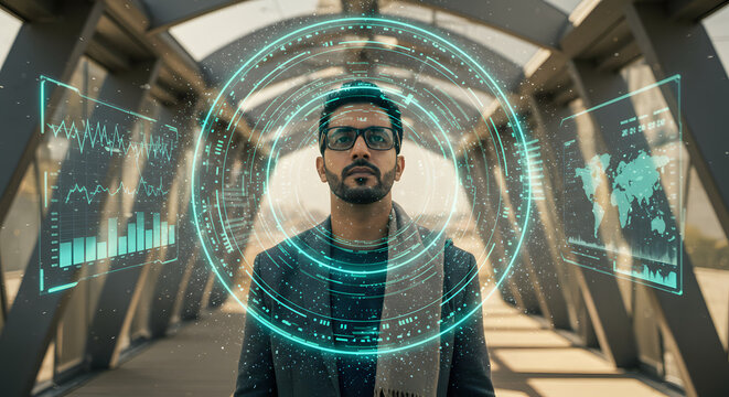 Technologist Standing in Holographic Data Tunnel at Outdoor Futuristic Tech Pavilion