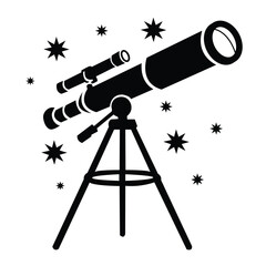 Detailed black silhouette illustration of a large telescope on a tripod, surrounded by bright, stylized stars.