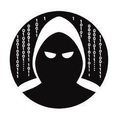Shadowy hacker figure surrounded by binary code in a circular design for cybersecurity concept on transparent background 