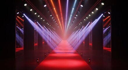 Lit runway scene with a red carpet spotlights and dark columns
