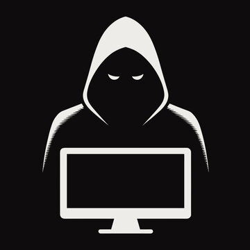 Mysterious hacker silhouette with hooded figure in front of computer screen for cybersecurity concept