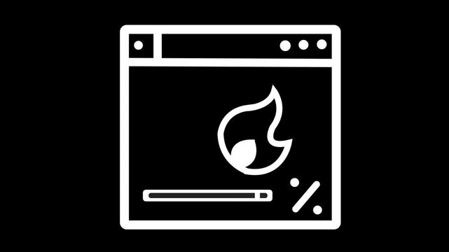 White browser window icon with flame logo loading bar and percentage sign on black background interface